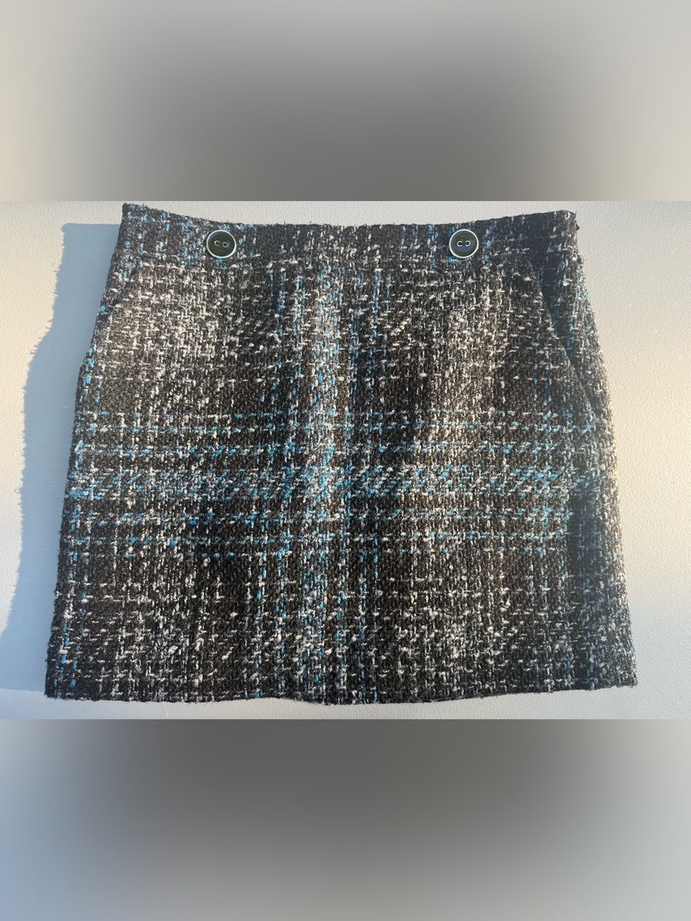 LOFT Black and White Tweed Mini Skirt with Teal Windowpane